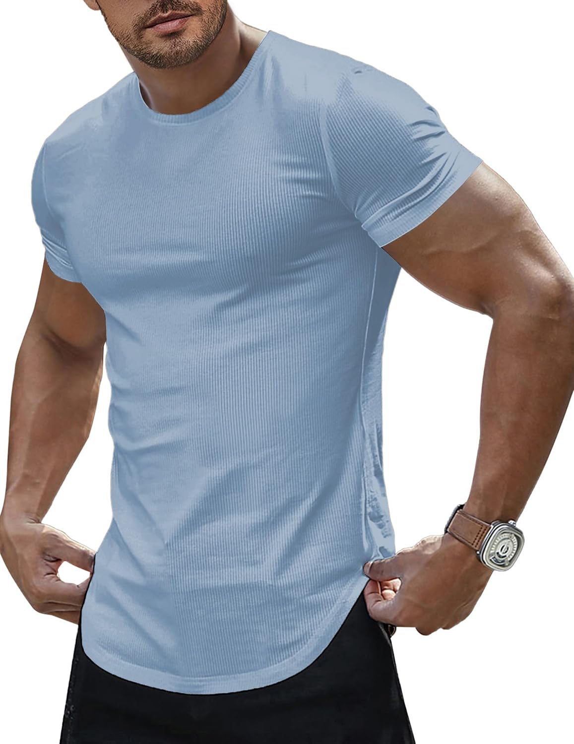 Mens Slim Fit Muscle Stretch Crewneck T-Shirt Summer Athlelic Shirts Longline Short Sleeve Tees Shirts - Beau Blue
