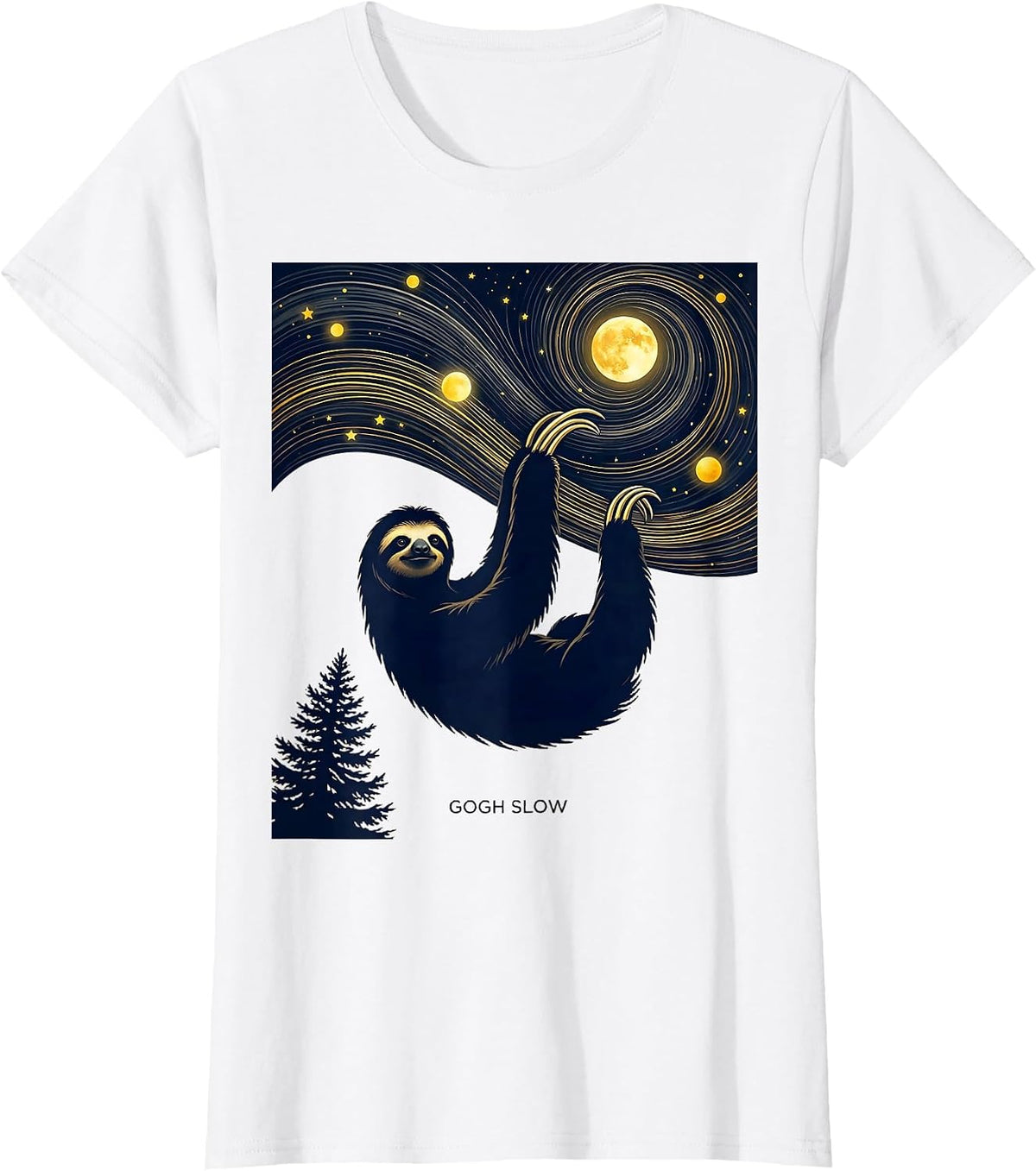 Gogh Slow Silhouette Sloth Art Parody Cat Lover Gift T-Shirt - White