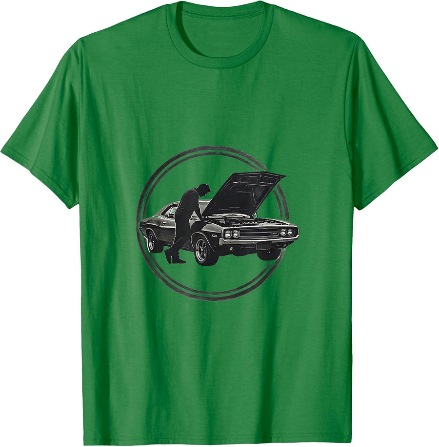 Men's Classic Car Garage Mechanic Dad Illustration T-Shirt - Kelly Green