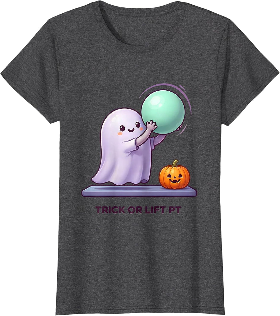 Women's Trick Or Lift PT Cute Kawaii Ghost Physical Therapist T-Shirt - Dark Heather Grey