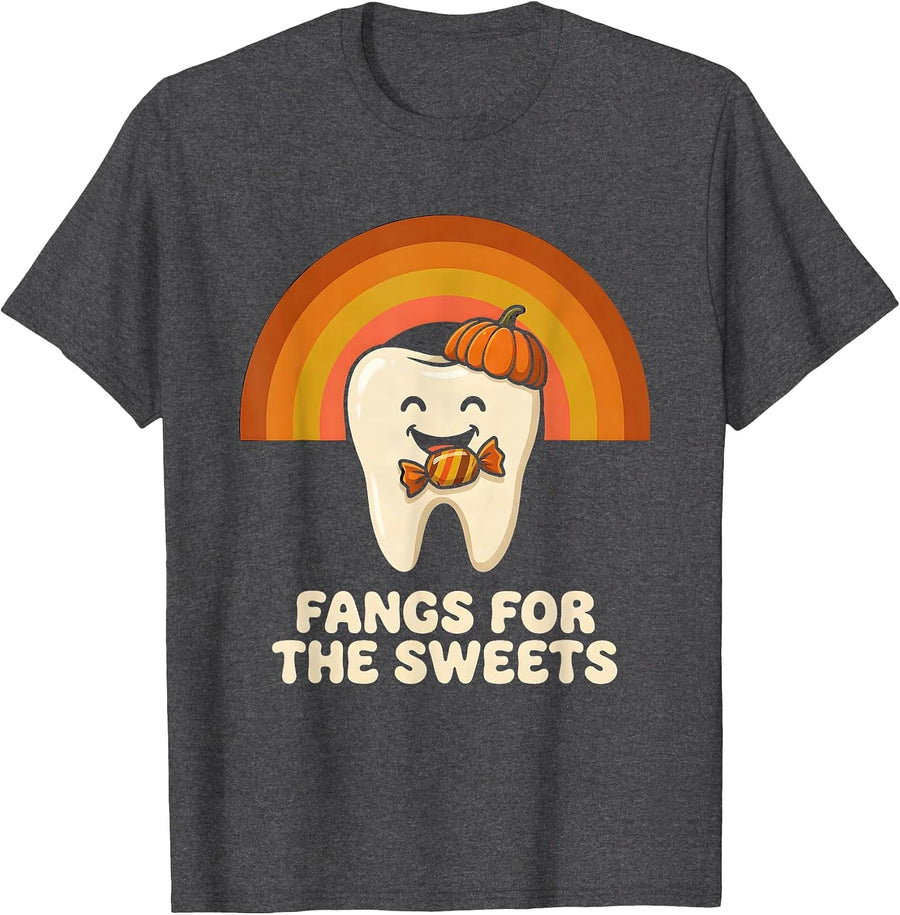 Men's Fangs For The Sweets Retro 70s Halloween Dental Hygienist T-Shirt - Dark Heather Grey