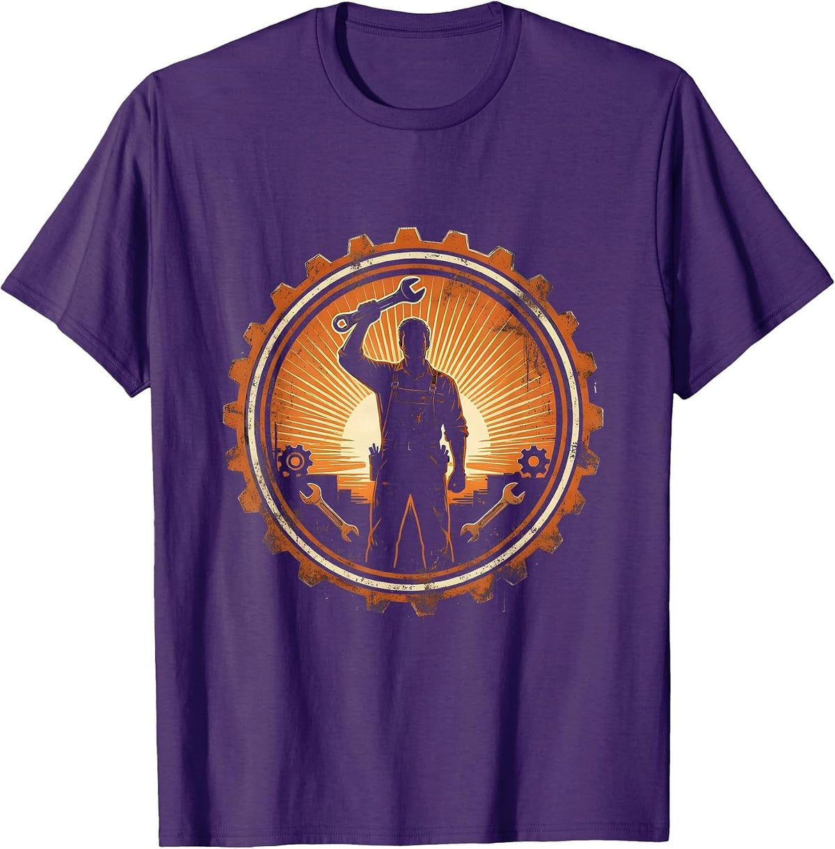 Mechanic Silhouette Garage Sunset Graphic T-Shirt - Purple