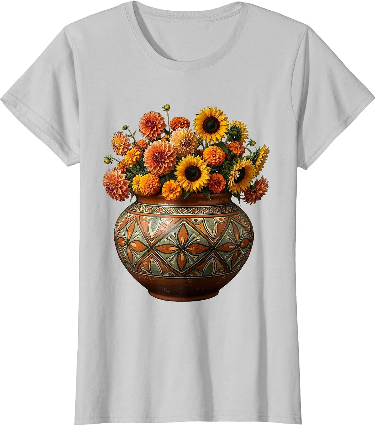 Mexican Hand-Painted Pottery Bowl with Flowers T-Shirt - Silver Grey