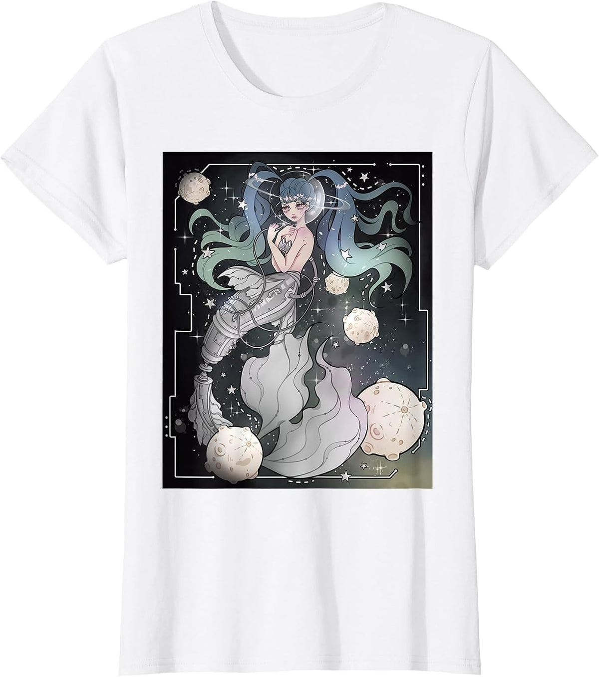 Steampunk Cyberpunk Graphic Mermaid in Space T-Shirt - White