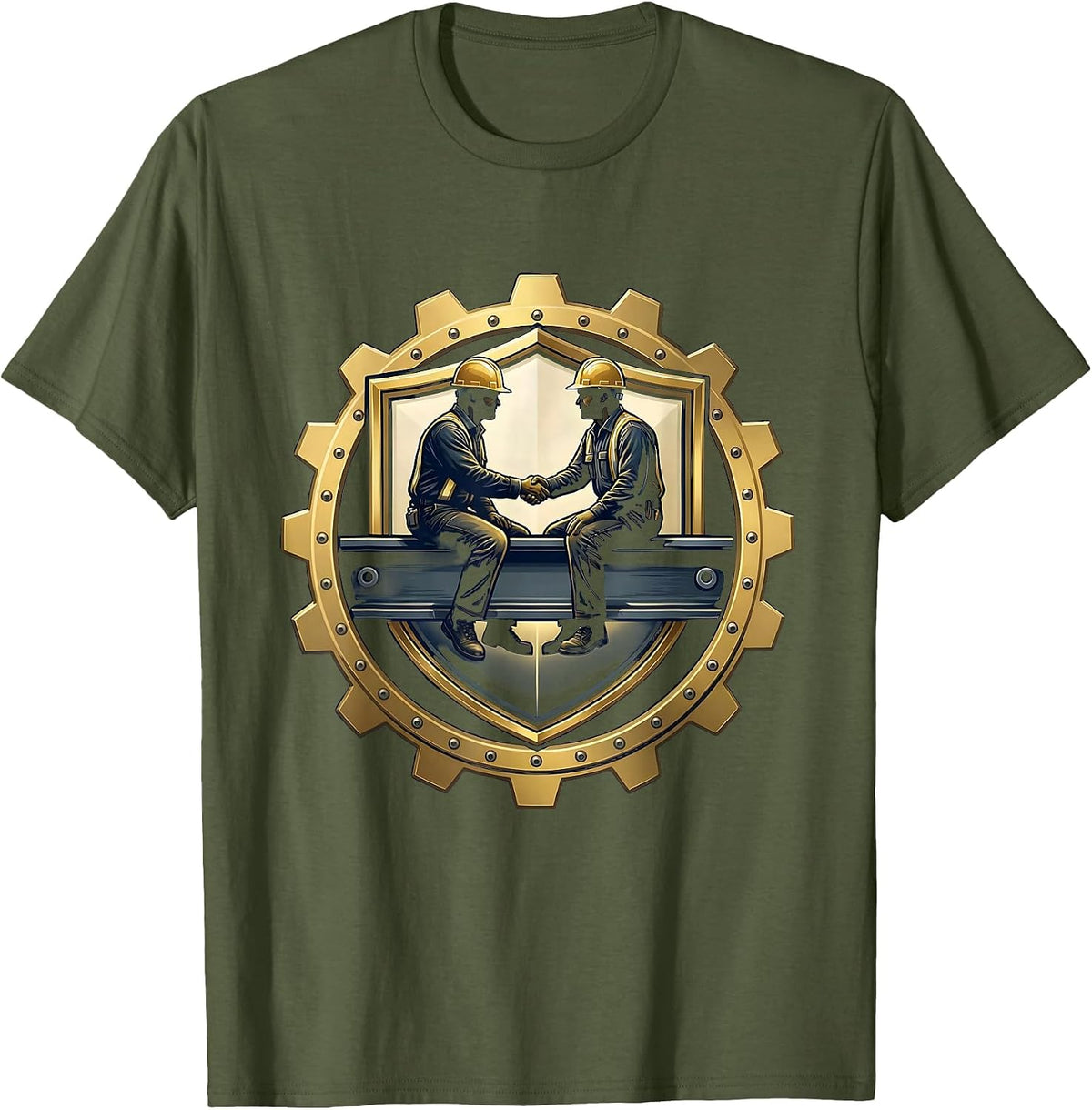 Iron Workers Handshake Steel Beam Graphic T-Shirt - Olive Green