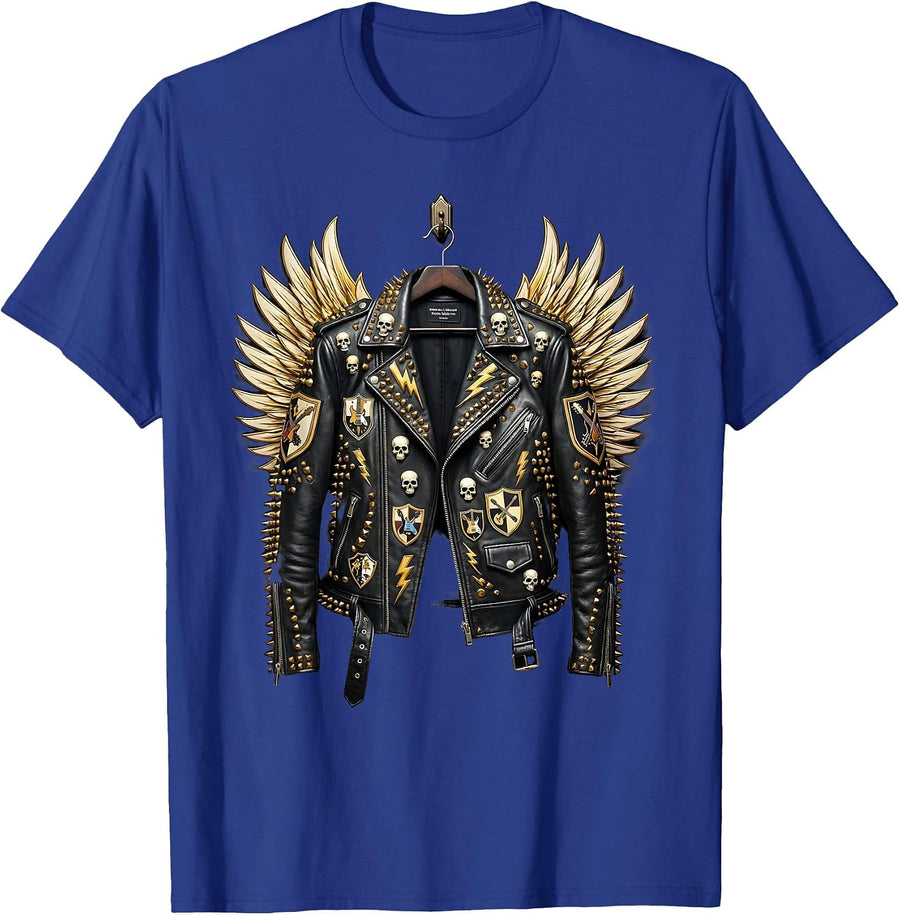 Rock Leather Jacket Patches and Pins Graphic T-Shirt - Royal Blue