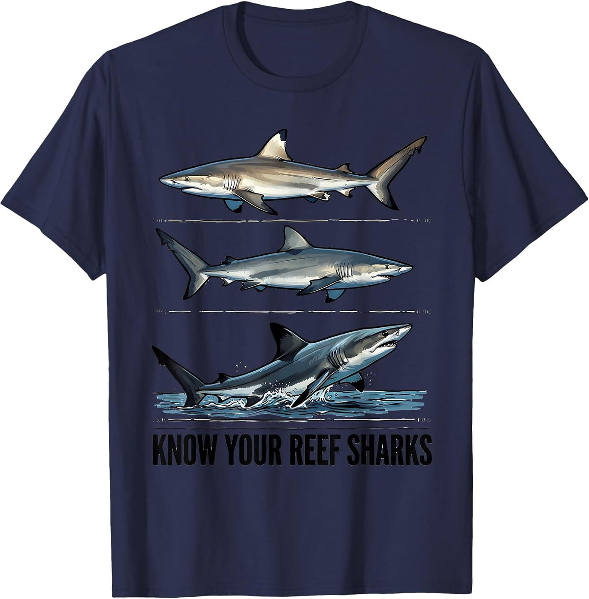 Know Your Reef Sharks Funny Shark Lover Ocean Wildlife Humor T-Shirt - Navy Blue