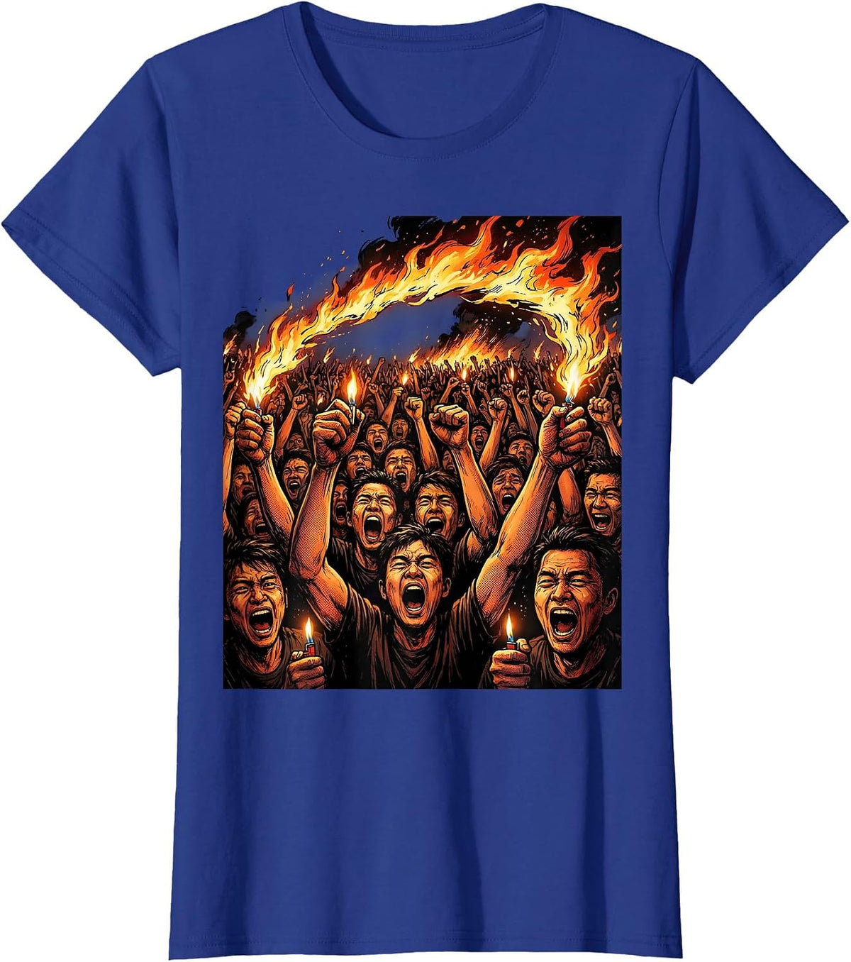 Women's 80s Rock Concert Crowd Lighters Raised in Darkness T-Shirt - Royal Blue