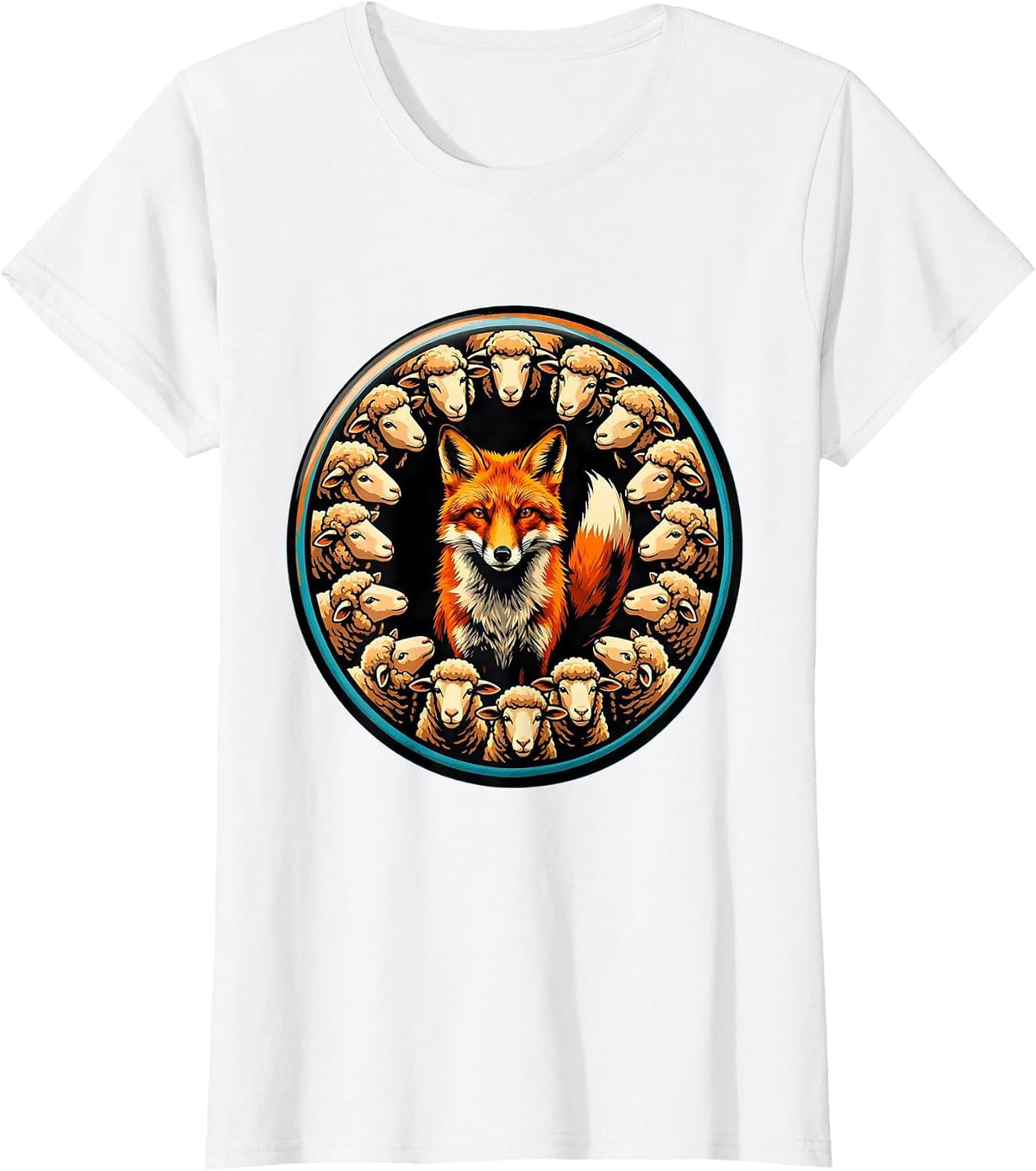 Lone Fox in a Crowd of Sheep Illustration T-Shirt - White