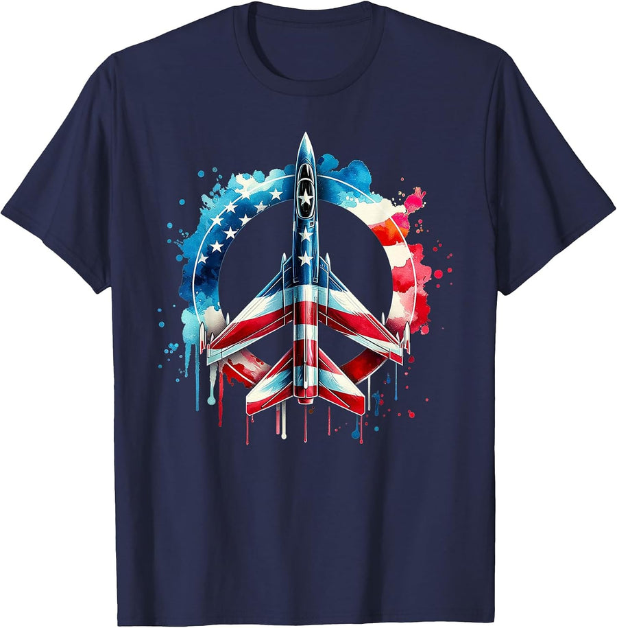 Flying Jet American Flag Peace Sig USA Patriotic July 4th T-Shirt - Navy Blue