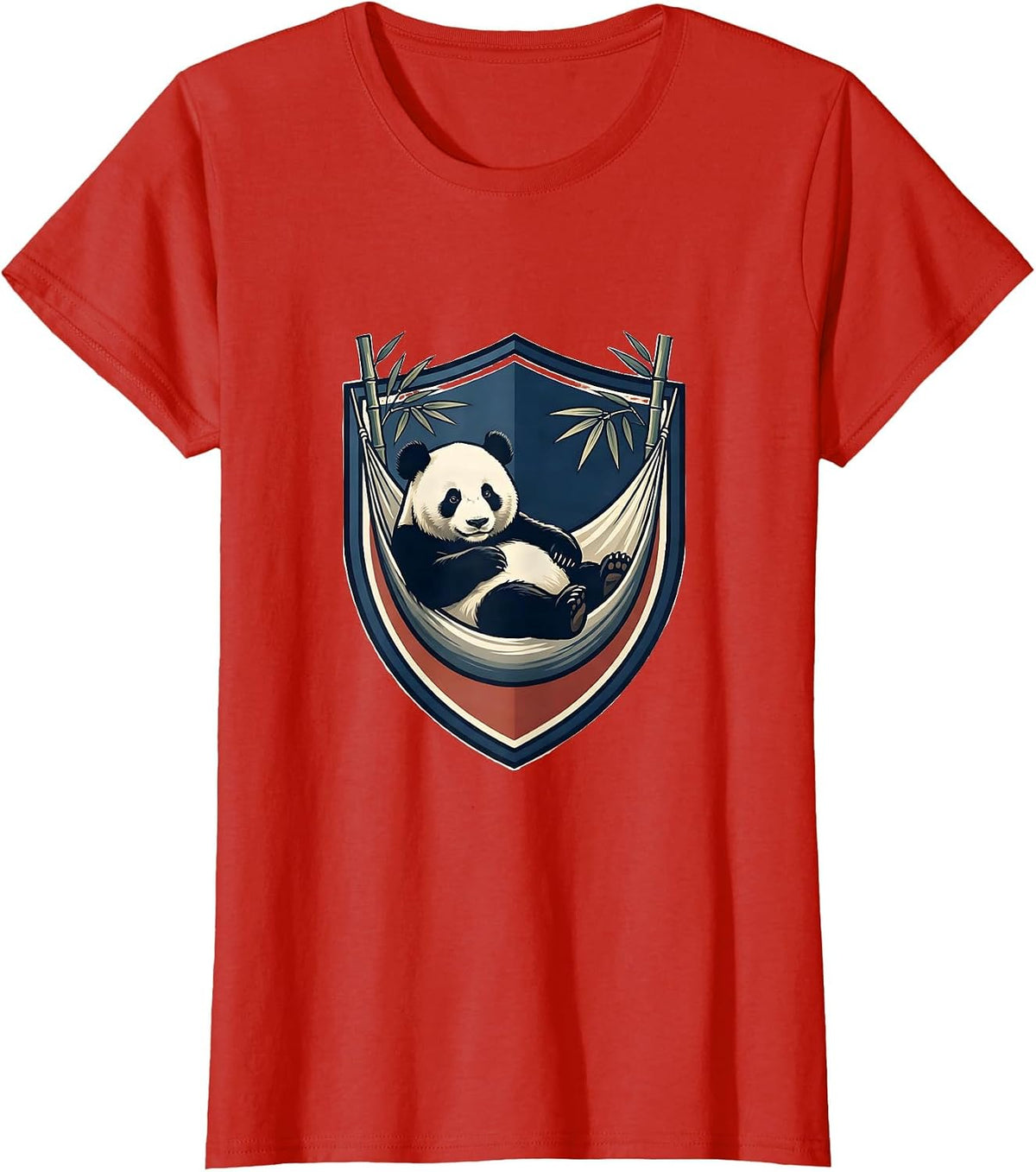 Women's Panda Emblem Shield Reclining Bamboo Crest Humor T-Shirt - Red