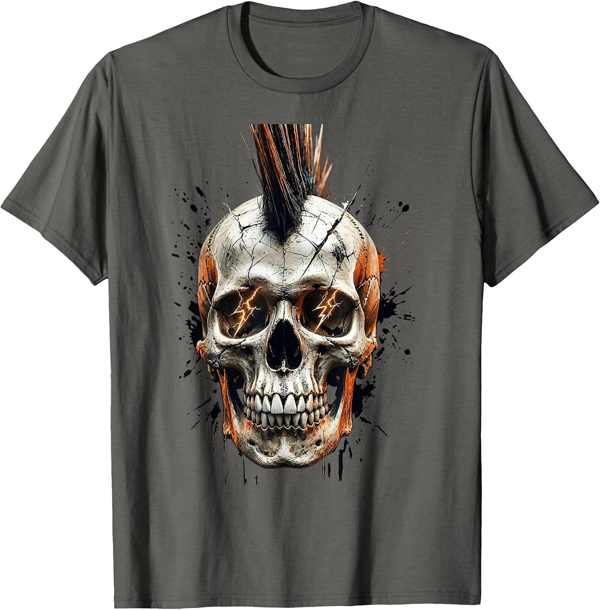Punk Mohawk Skull Lightning Bolt Eyes Design T-Shirt - Asphalt Grey