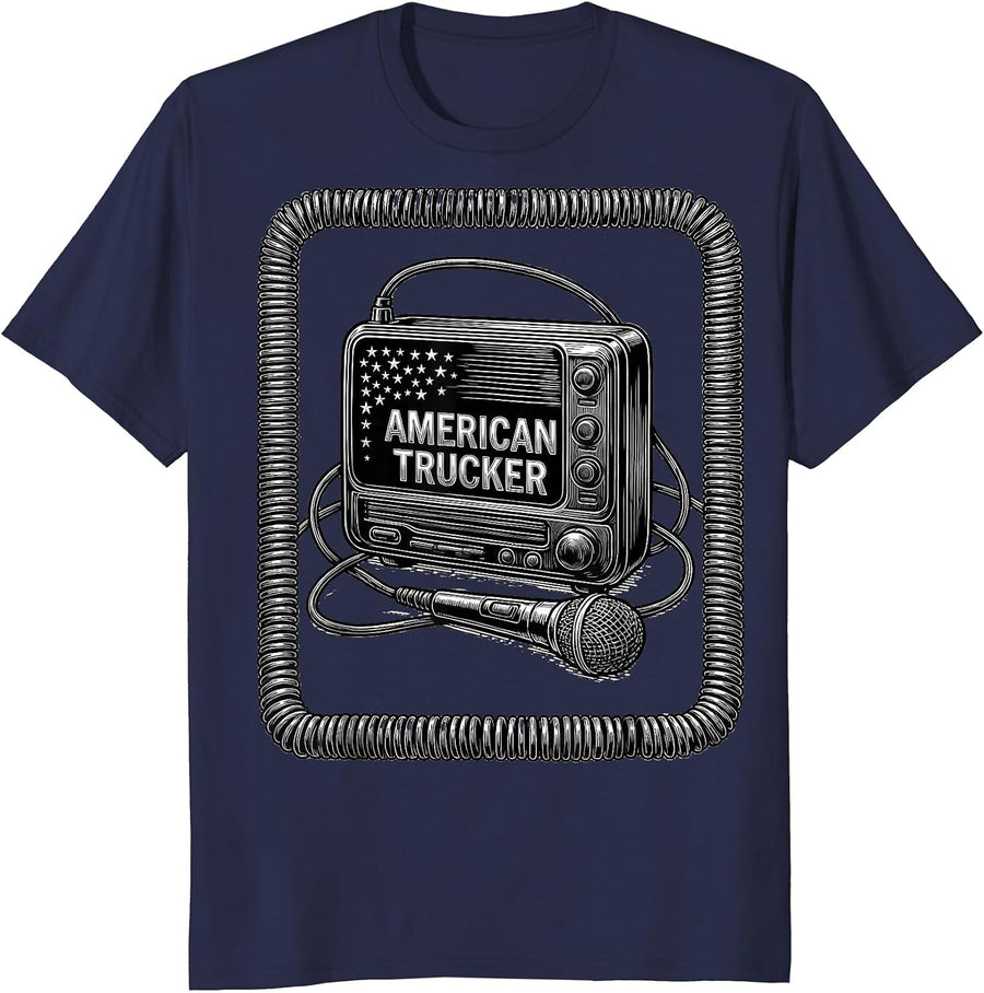American Trucker Line Art Patriotic Trucker Gift T-Shirt - Navy Blue