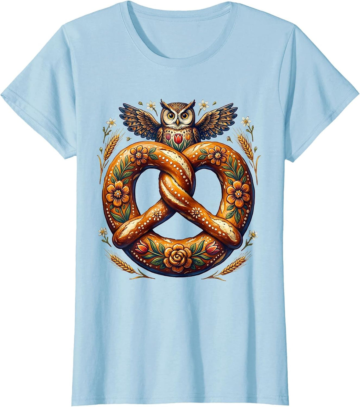 Women's Owl on Giant Pretzel Oktoberfest Graphic Tee T-Shirt - Baby Blue
