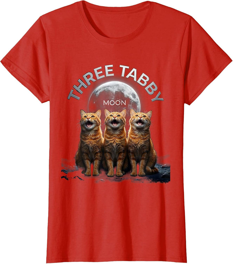Women's Three Tabby Moon Funny Orange Cats Howl At Moon Parody T-Shirt - Red