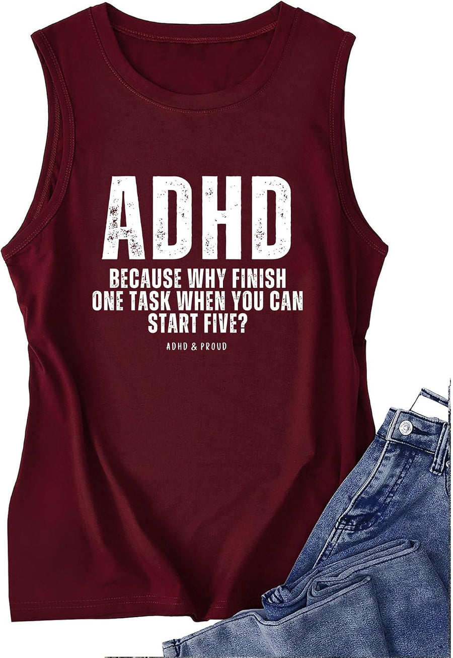 Mental Health Awareness ADHD Tank Tops Women Humor Sleeveless Tee - Red