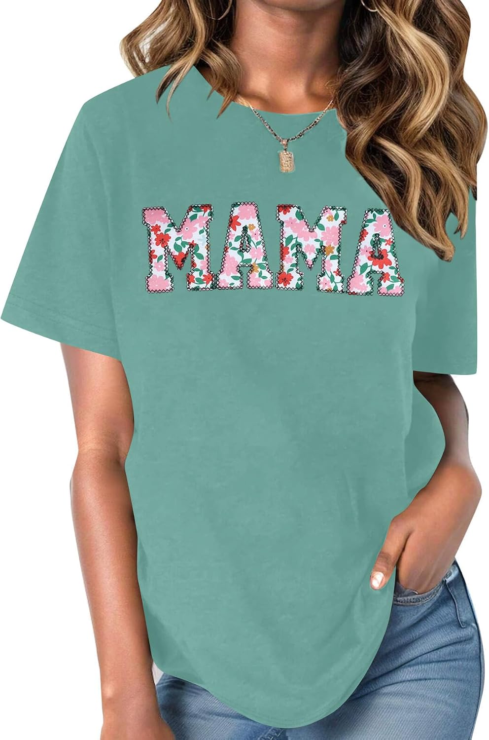 Mama Shirts for Women Funny Embroidered Mama Letter Print Tee Mom Gift Short Sleeve Shirt Mothers Day Tops - Green