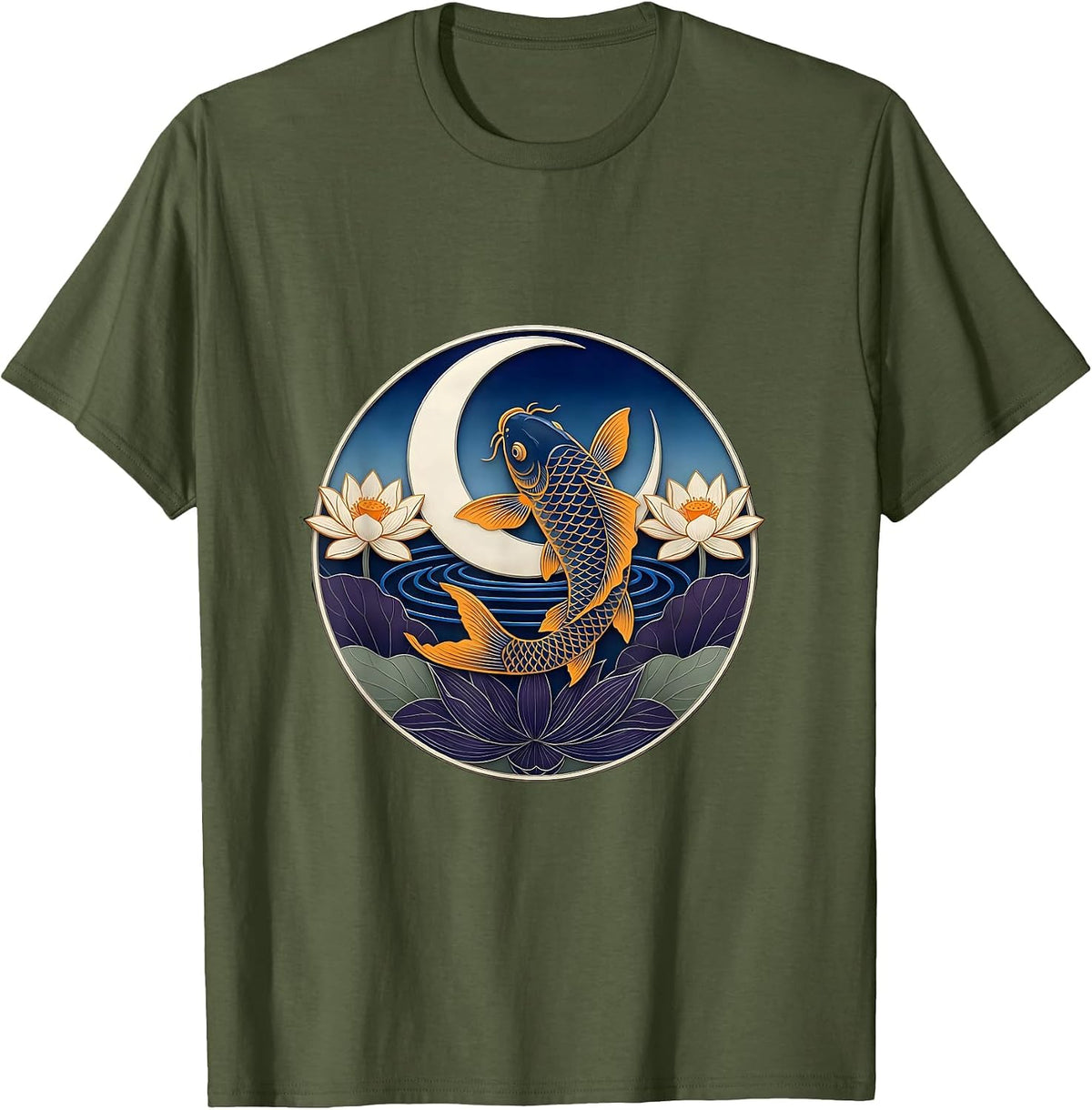 Men's Sealed Crescent Koi Ukiyo-e Boho Mystical Nature T-Shirt - Olive Green