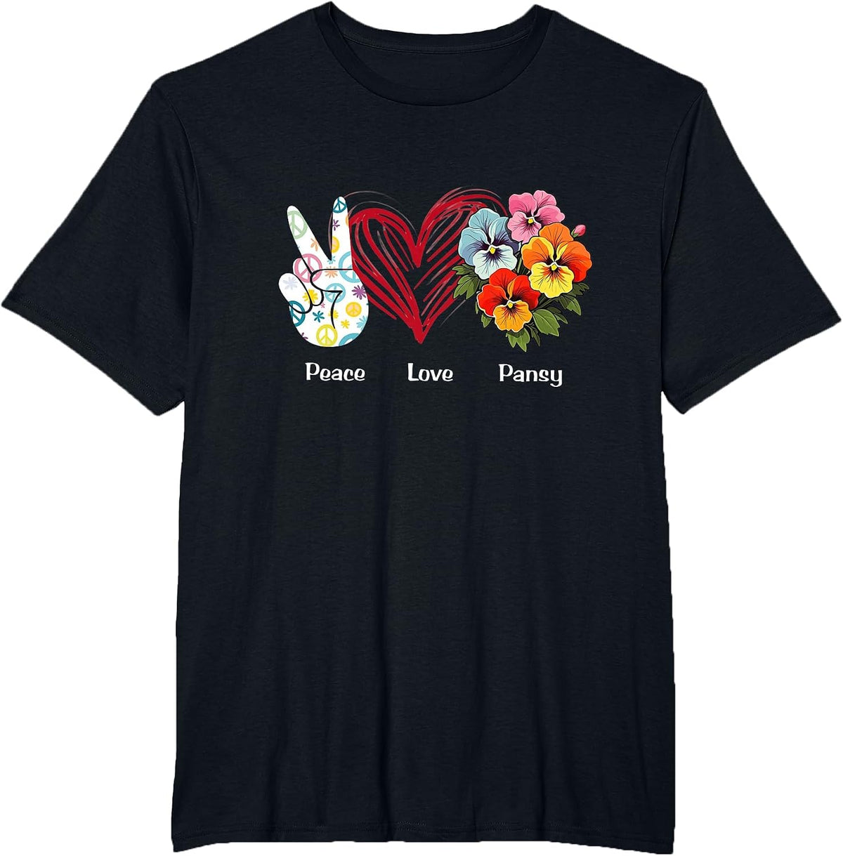 Peace Love Pansy Flower Hippie Pansy Lover T-Shirt - Black