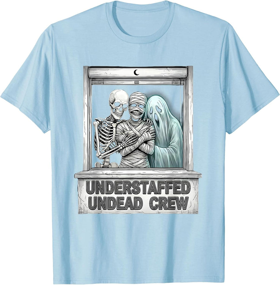 Men's Understaffed Undead Crew Funny Pharmacy Tech Halloween Crew T-Shirt - Baby Blue