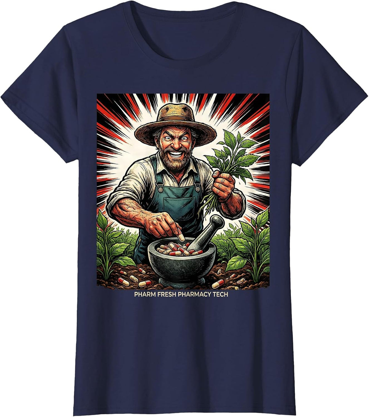 Women's Pharm Fresh Pharmacy Tech Funny Pharmacy Technician Comic T-Shirt - Navy Blue
