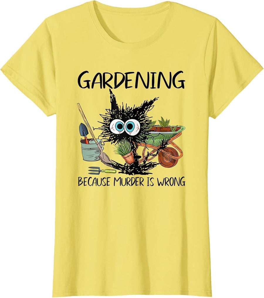 Black Cat Do Gardening Because Murder is Wrong T-Shirt - Lemon Yellow