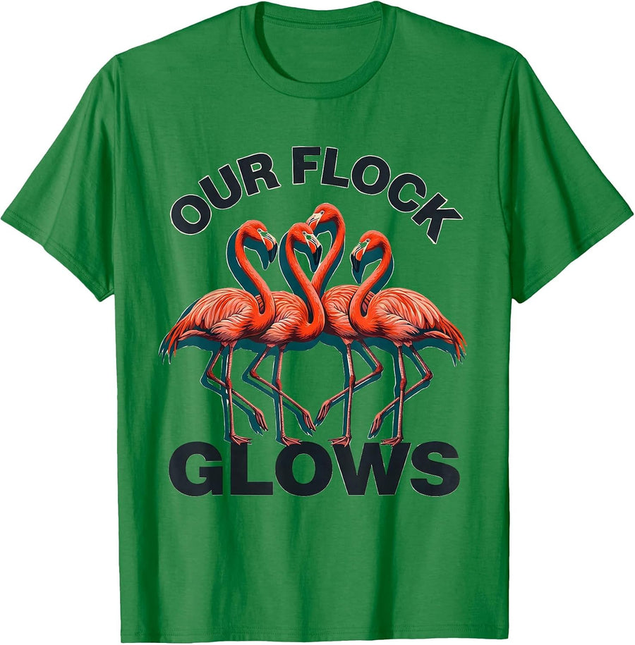 Men's Our Flock Glows Funny Flamingo Lover Novelty T-Shirt - Kelly Green