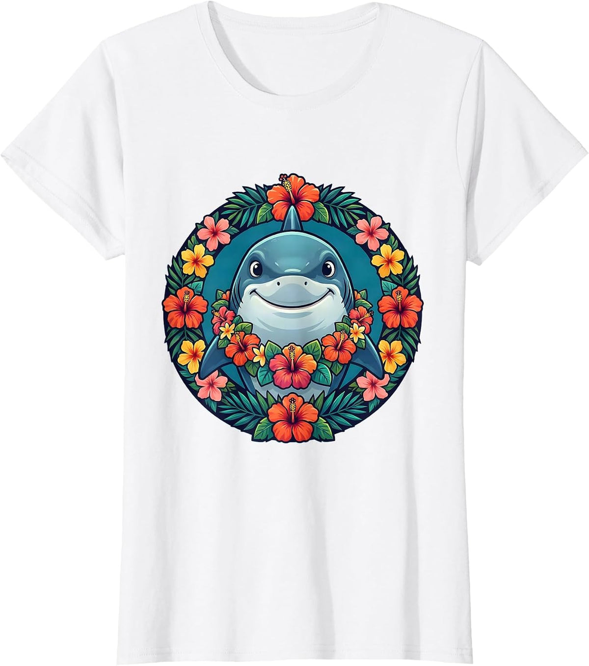 Women's Cute Shark Floral Lei Hawaiian Graphic Tee T-Shirt - White