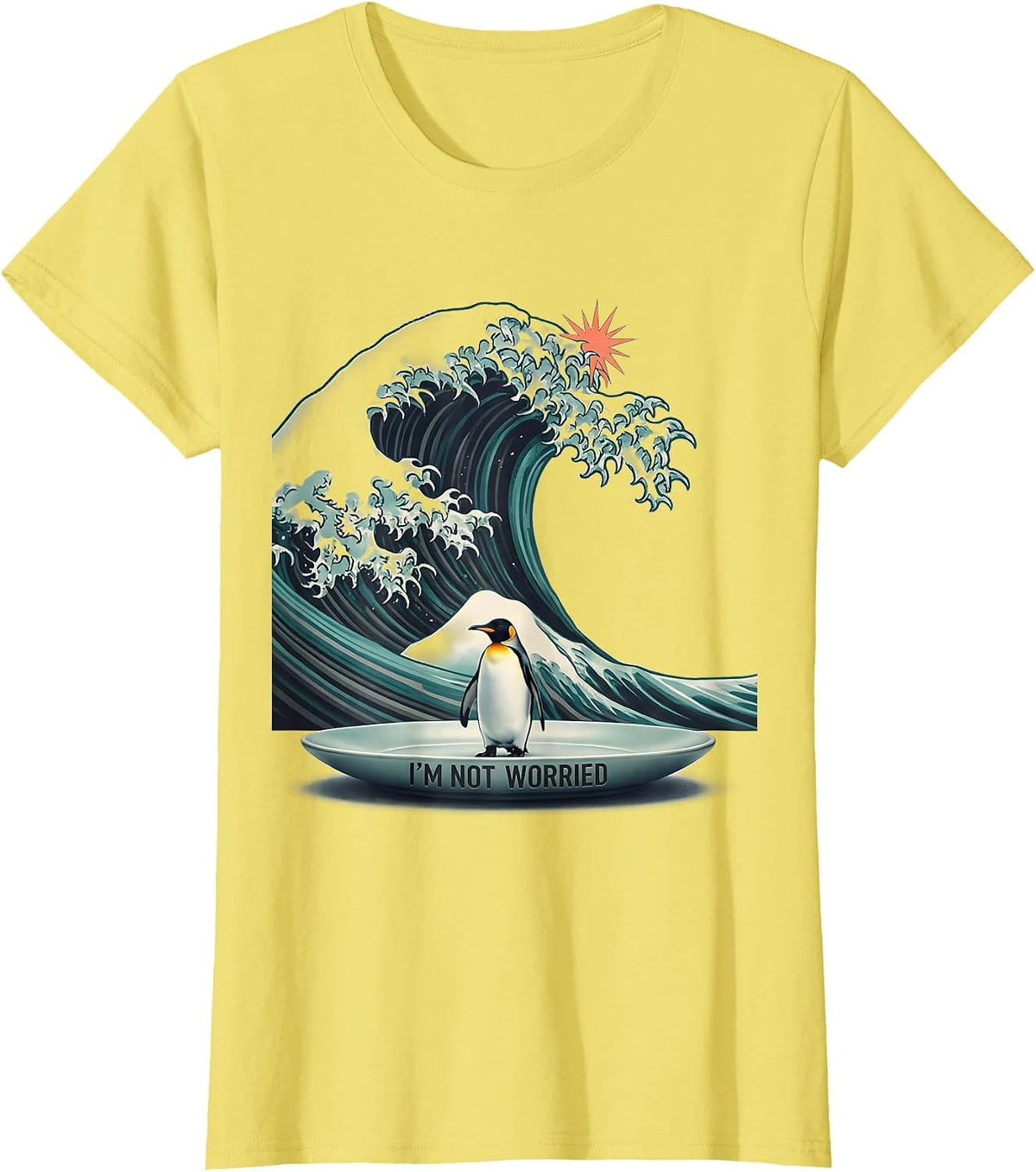 Women's I'm Not Worried Midcentury Modern Animal Humor Penguin Art T-Shirt - Lemon Yellow