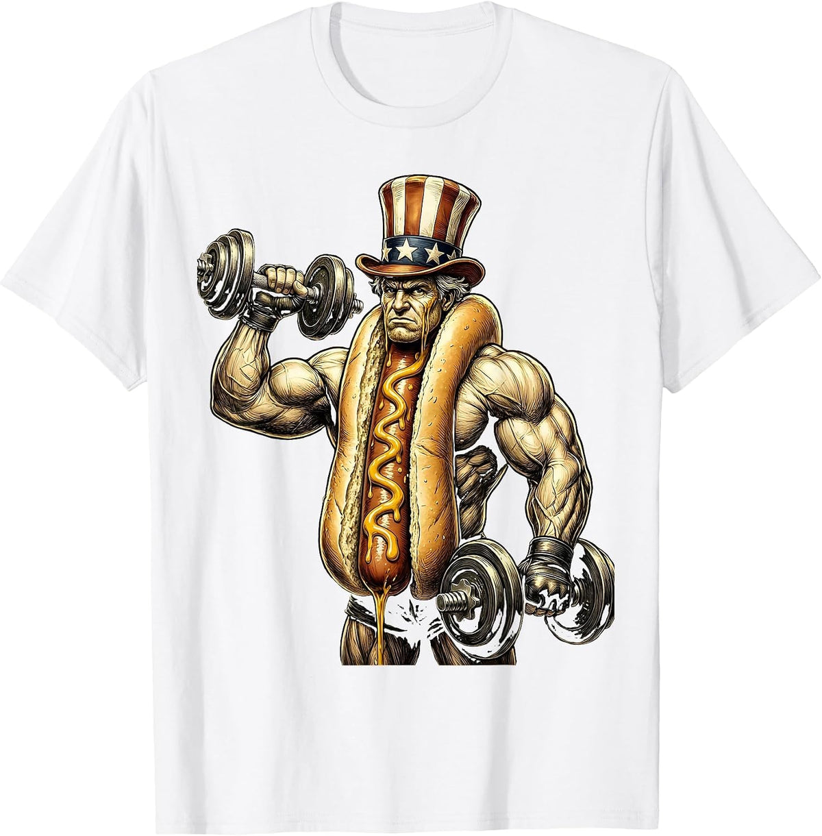 Men's Funny Hot Dog Bicep Curl Gym Workout Illustration T-Shirt - White