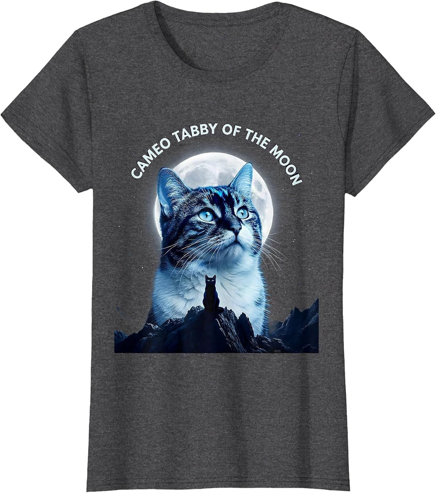 Women's Cameo Tabby Of The Moon Cosmic Cat Lover Retro Humor T-Shirt - Dark Heather Grey