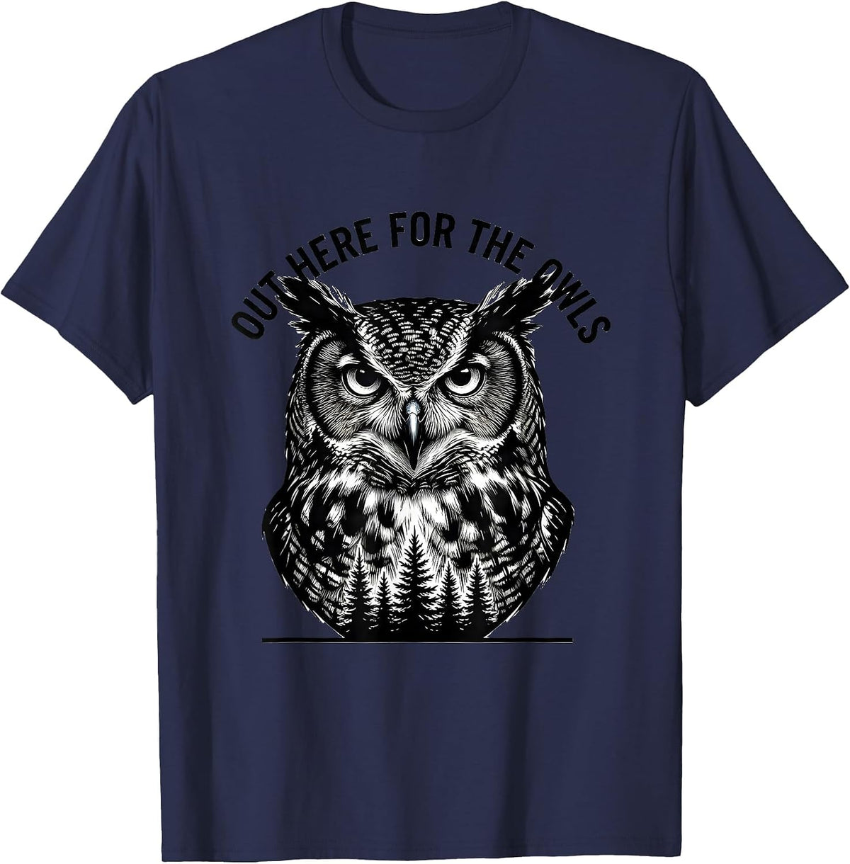 Men's Out Here For The Owls Scratchboard Forest Wildlife Animal T-Shirt - Navy Blue