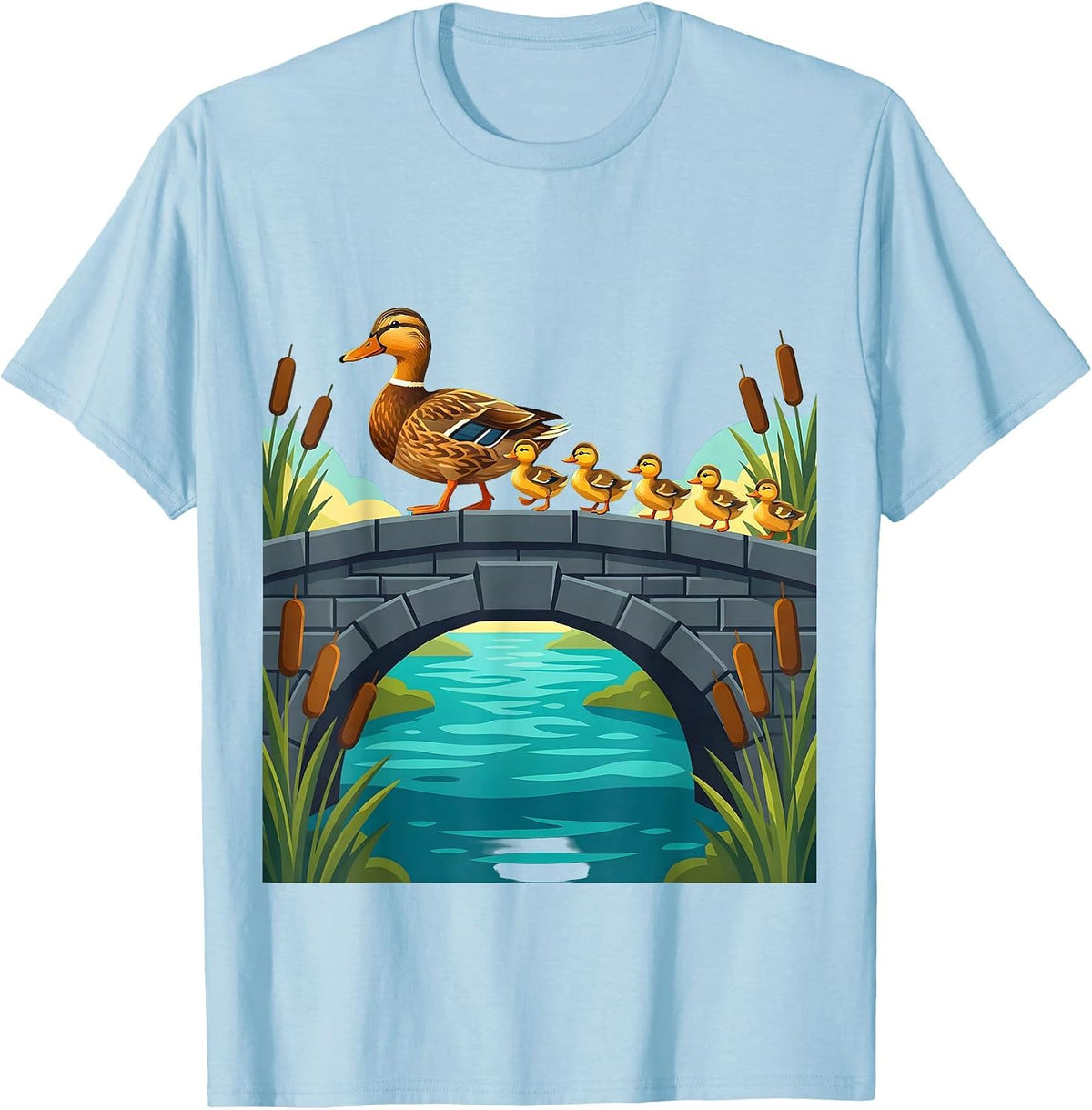 Family of Ducks Crossing Old Stone Bridge T-Shirt - Baby Blue