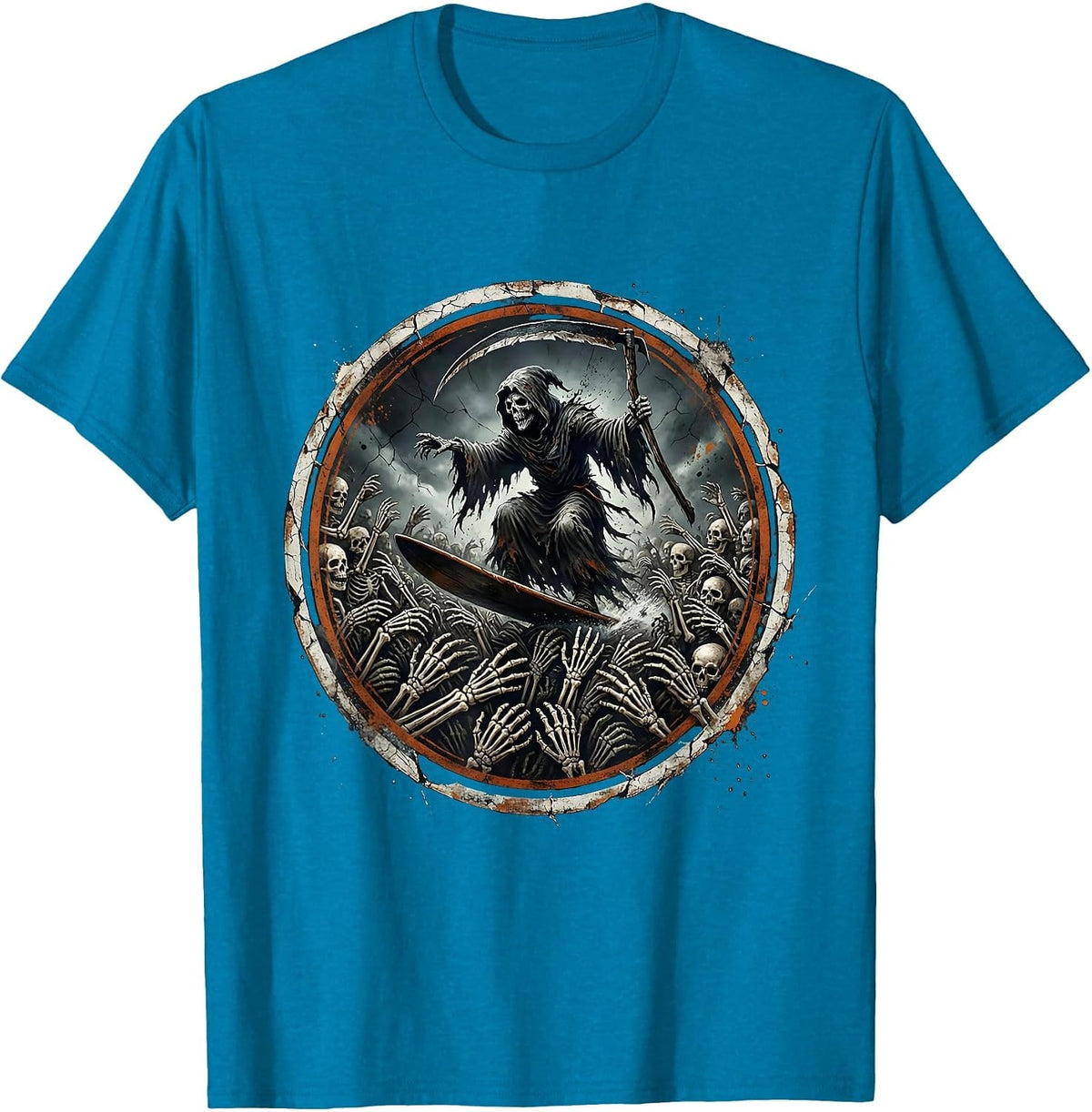 Grim Reaper Crowd Surfing Metal Concert Graphic T-Shirt - Sapphire Blue