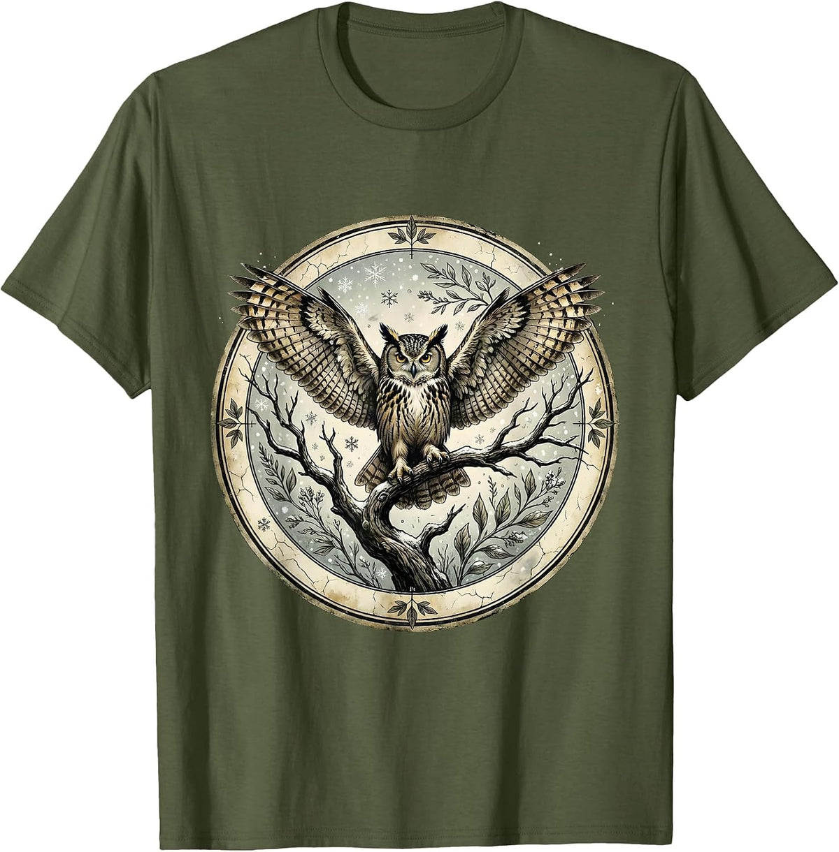 Men's Owl on Branch Winter Snowfall Nature Design T-Shirt - Olive Green