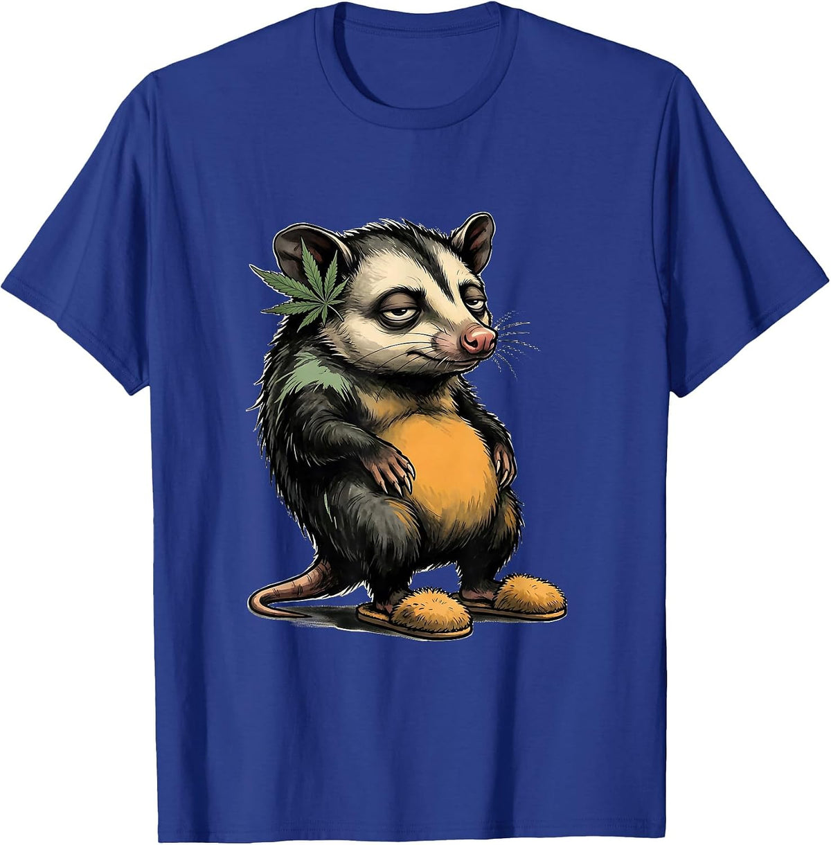 Deadpan Opossum Cannabis Leaf Stoner Humor Mascot T-Shirt - Royal Blue