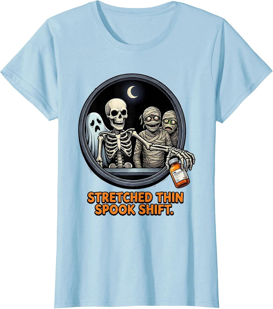 Women's Stretched Thin Spook Shift Funny Pharmacy Tech Halloween T-Shirt - Baby Blue