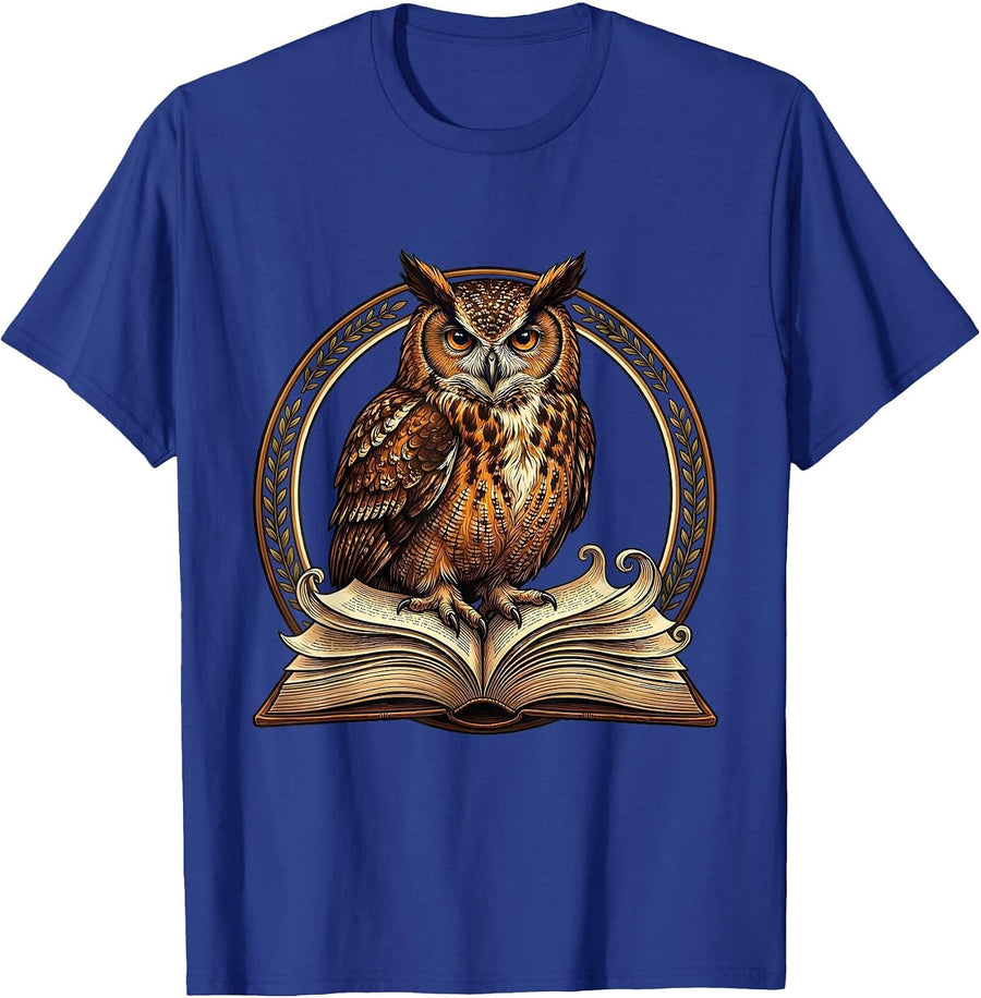 Wise Owl on Open Book Teacher Gift Design T-Shirt - Royal Blue