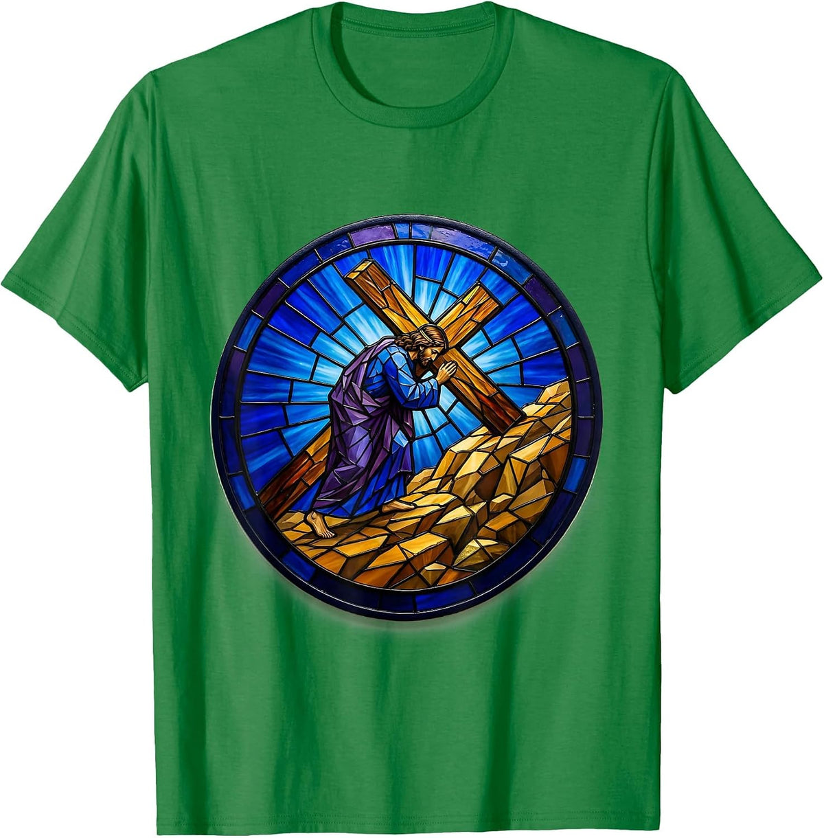 Men's Jesus Carrying the Cross Up the Hillside T-Shirt - Kelly Green