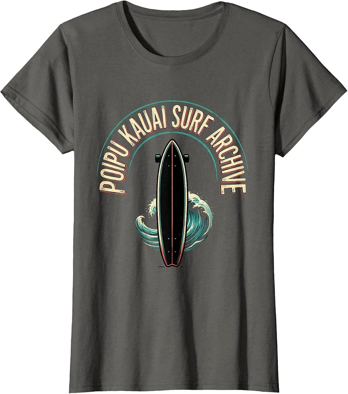 Women's Poipu Kauai Surf Archive Vintage Hawaii Retro Surfboard T-Shirt - Asphalt Grey