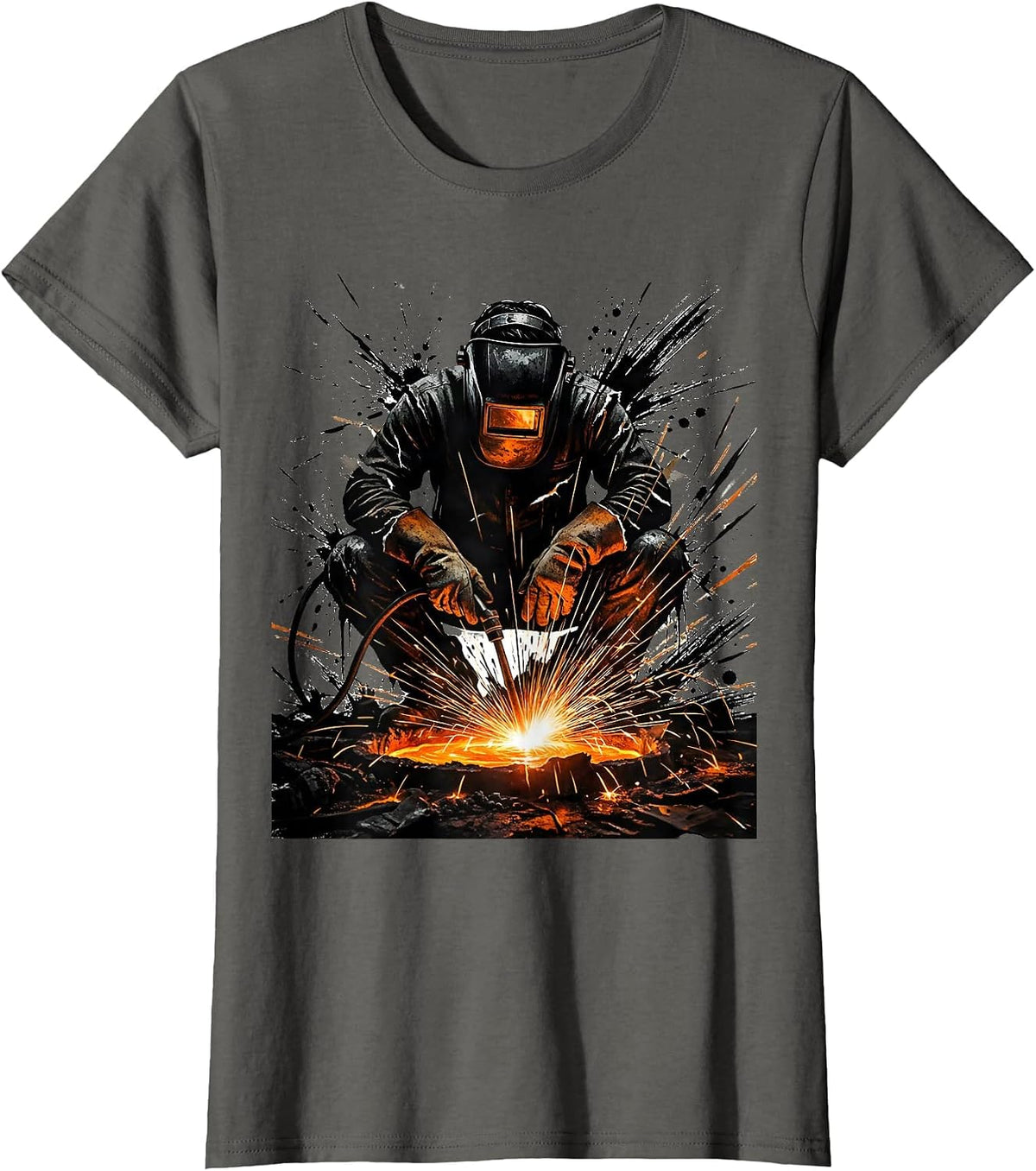 Women's Welder Crouched Over Glowing Weld Pool Graphic T-Shirt - Asphalt Grey