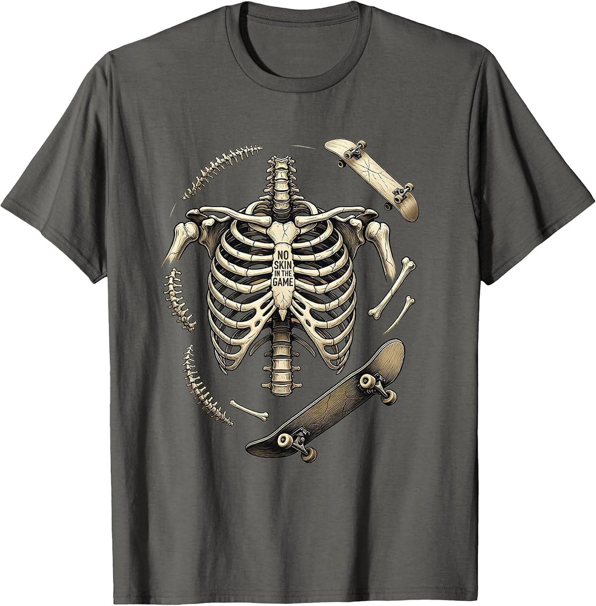 Skeleton Skateboarding No Skin In The Game T-Shirt - Asphalt Grey
