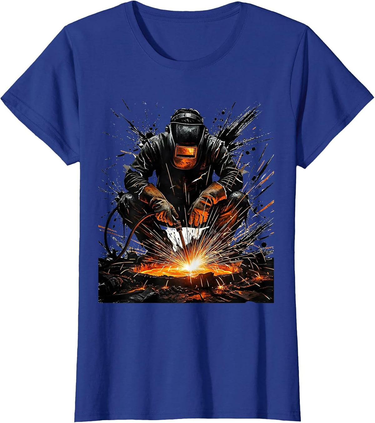 Women's Welder Crouched Over Glowing Weld Pool Graphic T-Shirt - Royal Blue