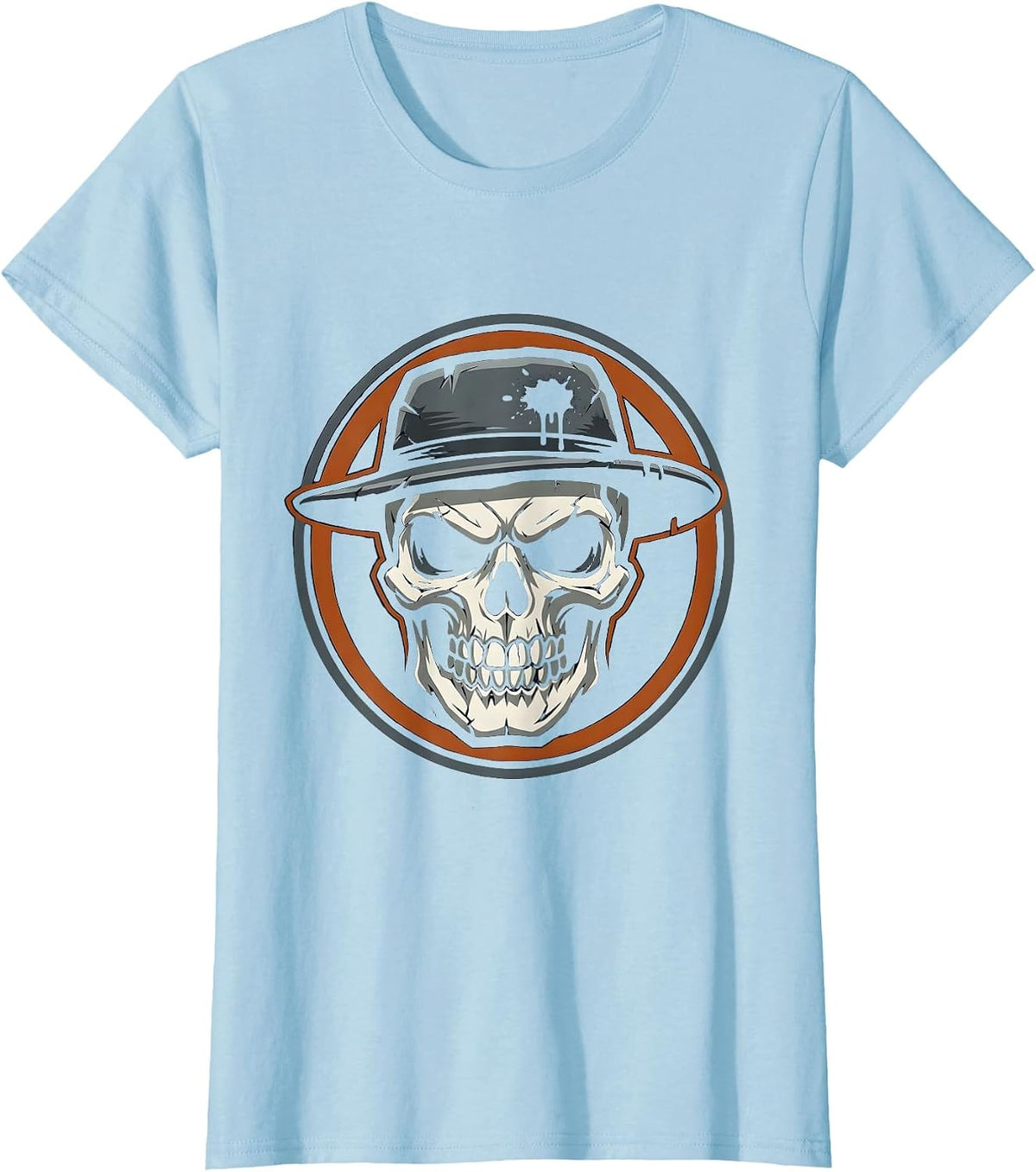 Skull Mechanic Cap Oil Stained Graphic Tee T-Shirt - Baby Blue