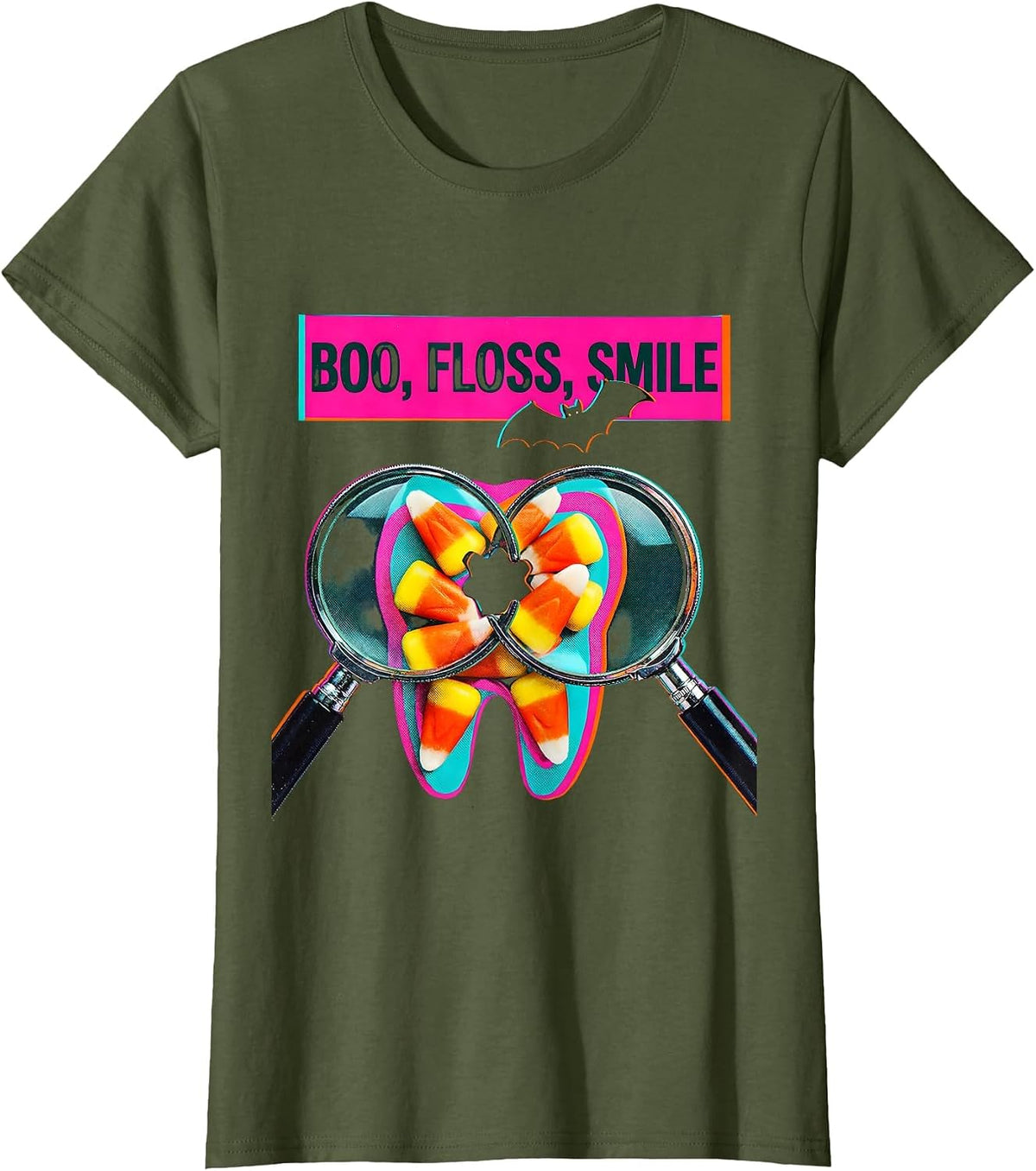 Women's Boo Floss Smile Risograph Dental Hygienist Halloween Humor T-Shirt - Olive Green
