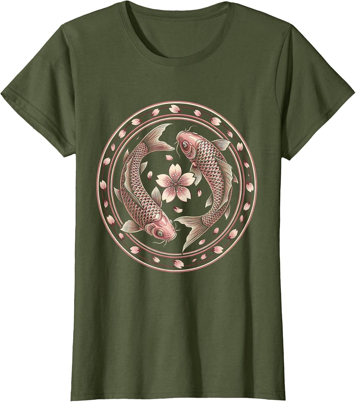 Women's Koi Fish Pink Cherry Blossom Breast Cancer Awareness T-Shirt - Olive Green