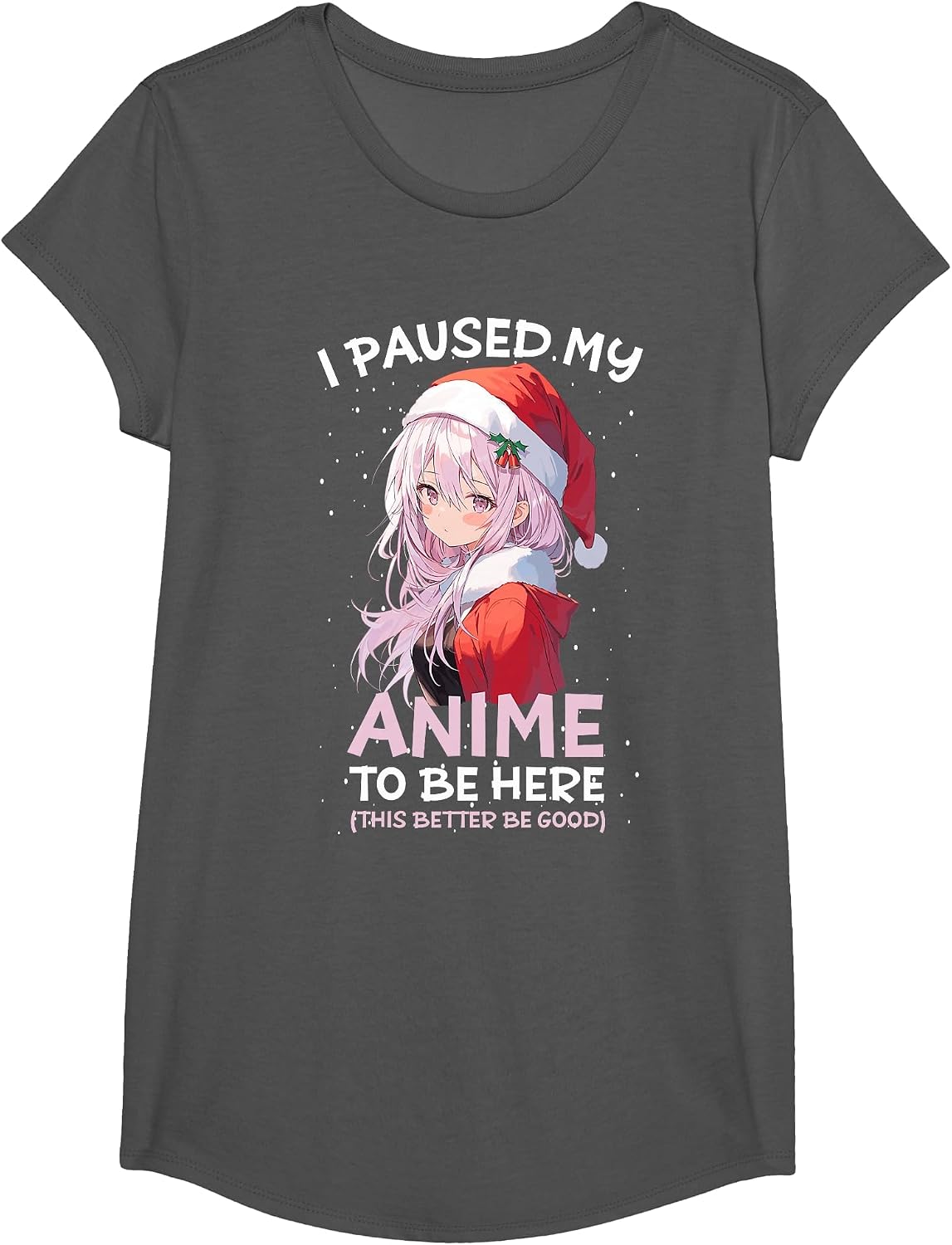 I Paused My Anime to Be Here Anime Girl Santa Hat Otaku T-Shirt - Girls Asphalt Grey