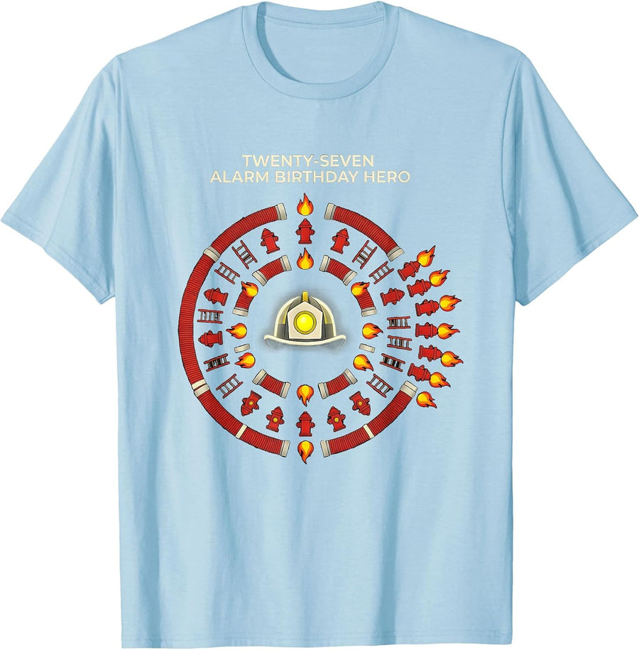 Men's Twenty-Seven Alarm Birthday Hero Geometric Firefighter T-Shirt - Baby Blue