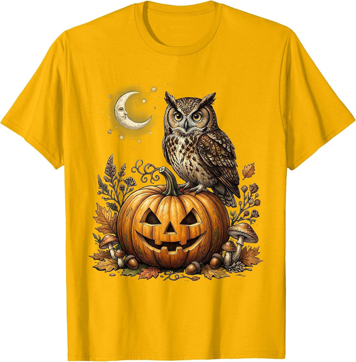 Owl on Glowing Pumpkin Halloween Illustration T-Shirt - Golden Yellow