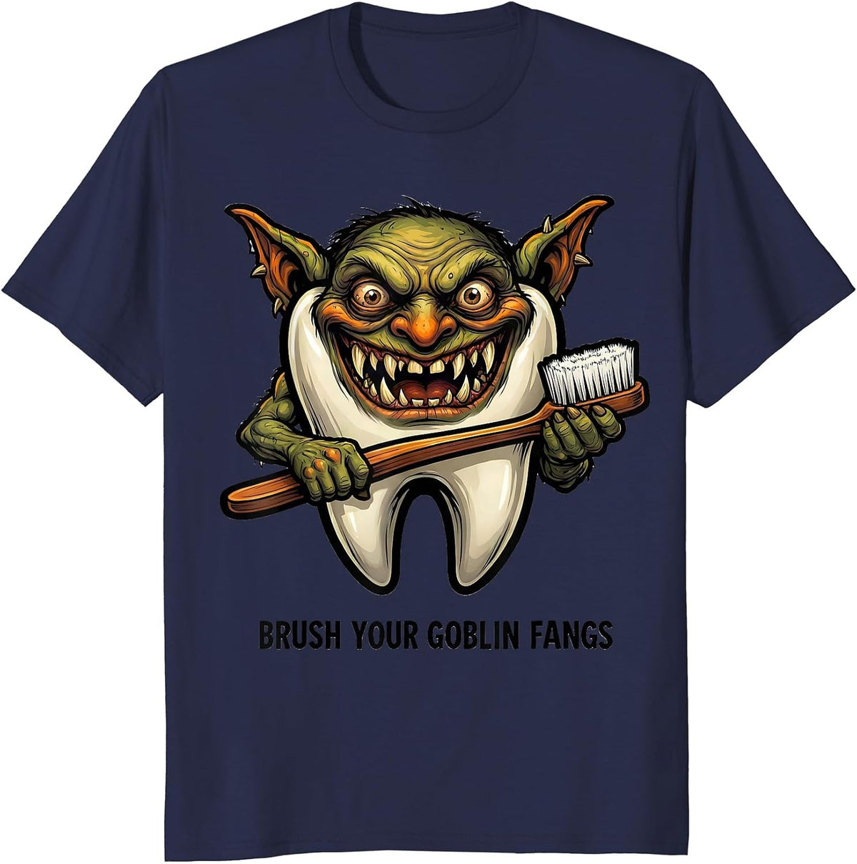Men's Brush Your Goblin Fangs Funny Dentist Halloween Dental T-Shirt - Navy Blue